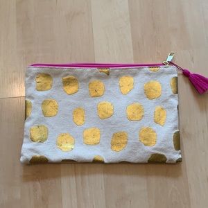 Gold dotted printed canvas pouch with gold zip